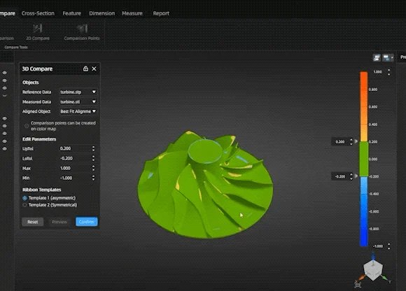 AutoScan Inspec2 3D Dimensional Inspection and CAD Comparison 3D inspection software displaying an impeller with a color-coded deviation map for dimensional comparison.
