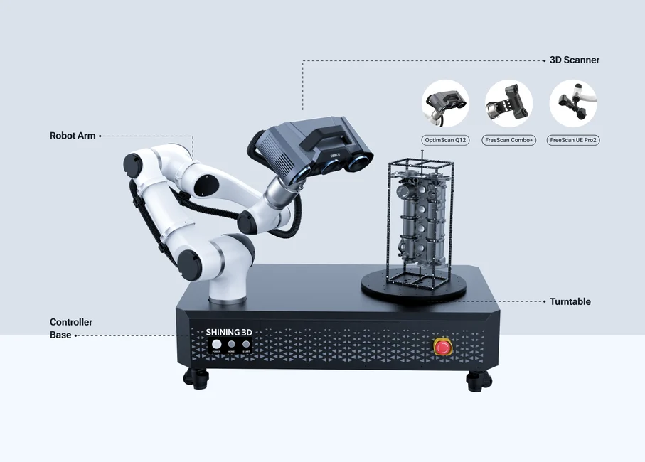 SHINING 3D RobotScan Series Automated 3D Scanning System Components RobotScan Series system diagram showing robotic arm, controller base, turntable and OptimScan Q12, FreeScan Combo+ and FreeScan UE Pro2 scanner options.