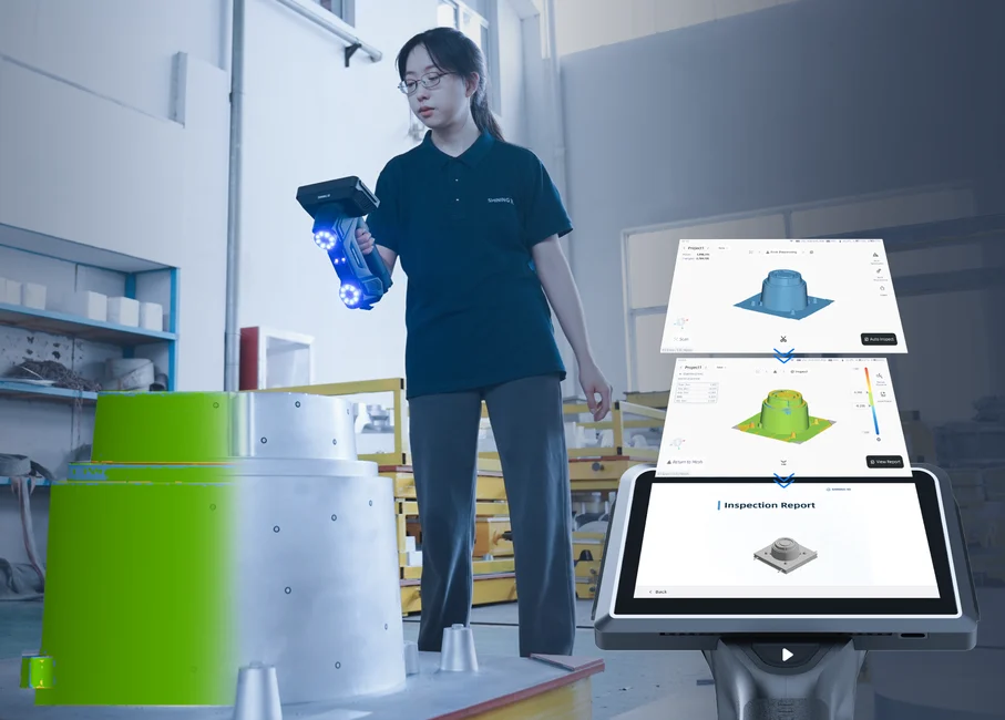 FreeScan Omni Series On-Scanner 3D Inspection and Reporting Operator using FreeScan Omni Series to scan an industrial metal component with 3D inspection results and reporting workflow displayed