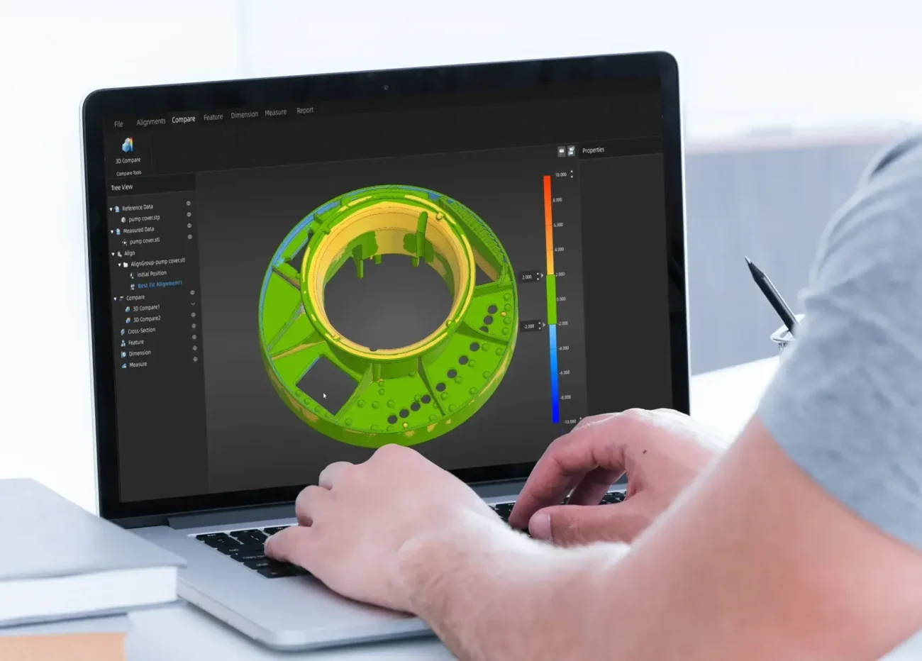SHINING3D Inspect Software for 3D Dimensional Inspection SHINING3D Inspect software displaying a color-coded 3D comparison of an industrial component with dimensional deviation analysis.