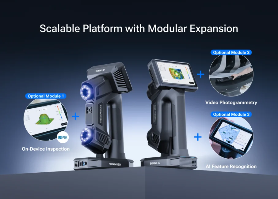 FreeScan Omni Series Modular 3D Scanning and Inspection Platform FreeScan Omni Series showing front and rear scanner views with modular expansion options for on-device inspection, video photogrammetry and AI feature recognition
