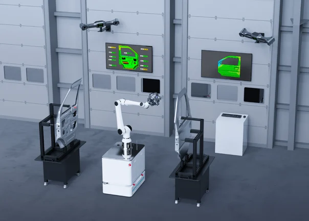 SHINING 3D RobotScan with AGV for Multi-Station Automated 3D Inspection RobotScan with AGV automated 3D scanning system showing a robotic arm on a mobile platform between automotive door-panel inspection stations.