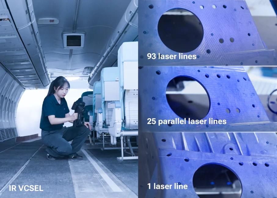 FreeScan Omni Series Industrial 3D Scanning Modes FreeScan Omni Series scanning modes showing aircraft interior scanning with IR VCSEL and metal part scanning using 93, 25, and single laser lines