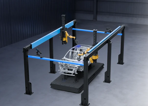 SHINING 3D RobotScan Servo Gantry for Large-Scale Automated 3D Inspection RobotScan servo gantry automated 3D scanning system positioned over an automotive body frame for large-scale industrial dimensional inspection.