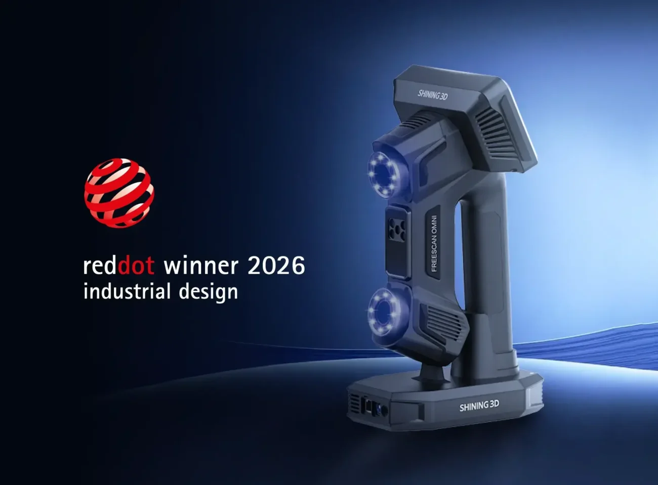 FreeScan Omni Red Dot Design Award Winner 2026 SHINING 3D FreeScan Omni metrology 3D scanner displayed with the Red Dot Design Award 2026 winner logo