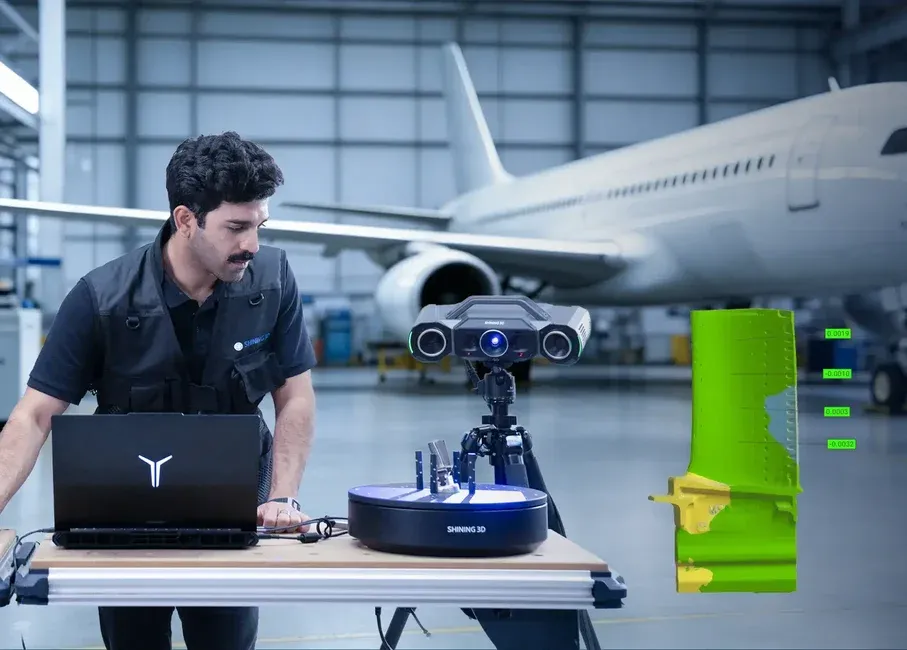 OptimScan Q12/Q9 HD | Precision 3D Inspection OptimScan Q12/Q9 HD optical 3D scanner measuring an industrial component with digital inspection results displayed in an aircraft maintenance environment.