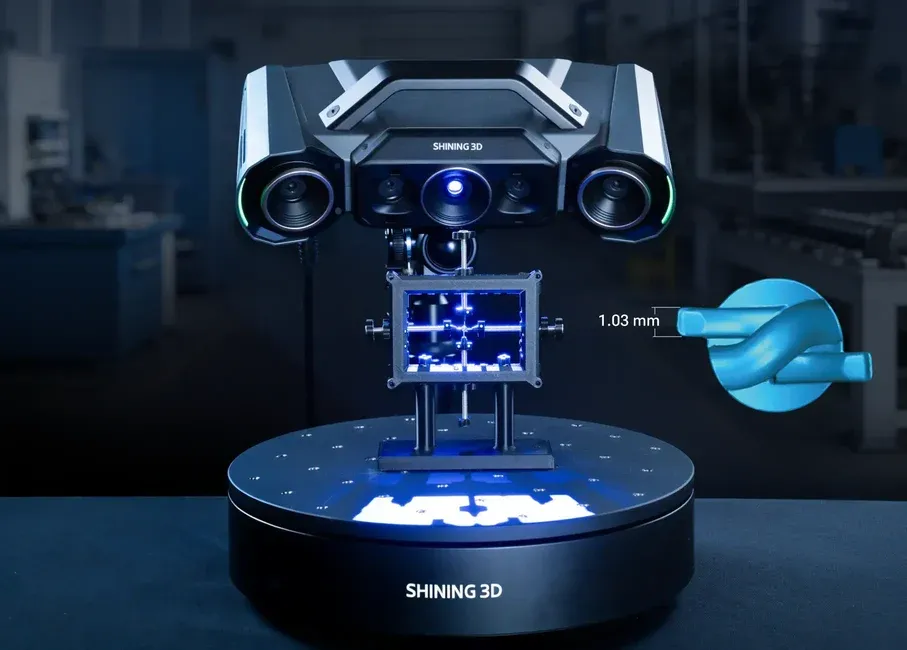 OptimScan Q12/Q9 HD | Dual Scan Range 3D Inspection SHINING 3D OptimScan Q12/Q9 HD optical 3D scanner measuring a small industrial component on a turntable with a digital measurement illustration.