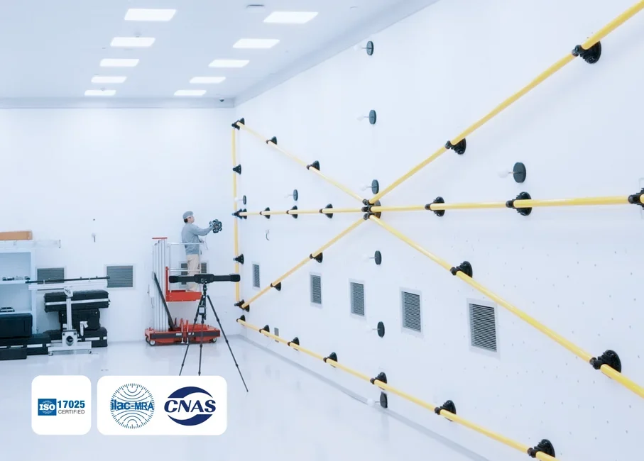 OptimScan Q12/Q9 HD | Accredited Metrology Accuracy Laboratory SHINING 3D accredited metrology accuracy laboratory showing a measurement calibration setup with ISO/IEC 17025, ILAC MRA and CNAS accreditation logos.