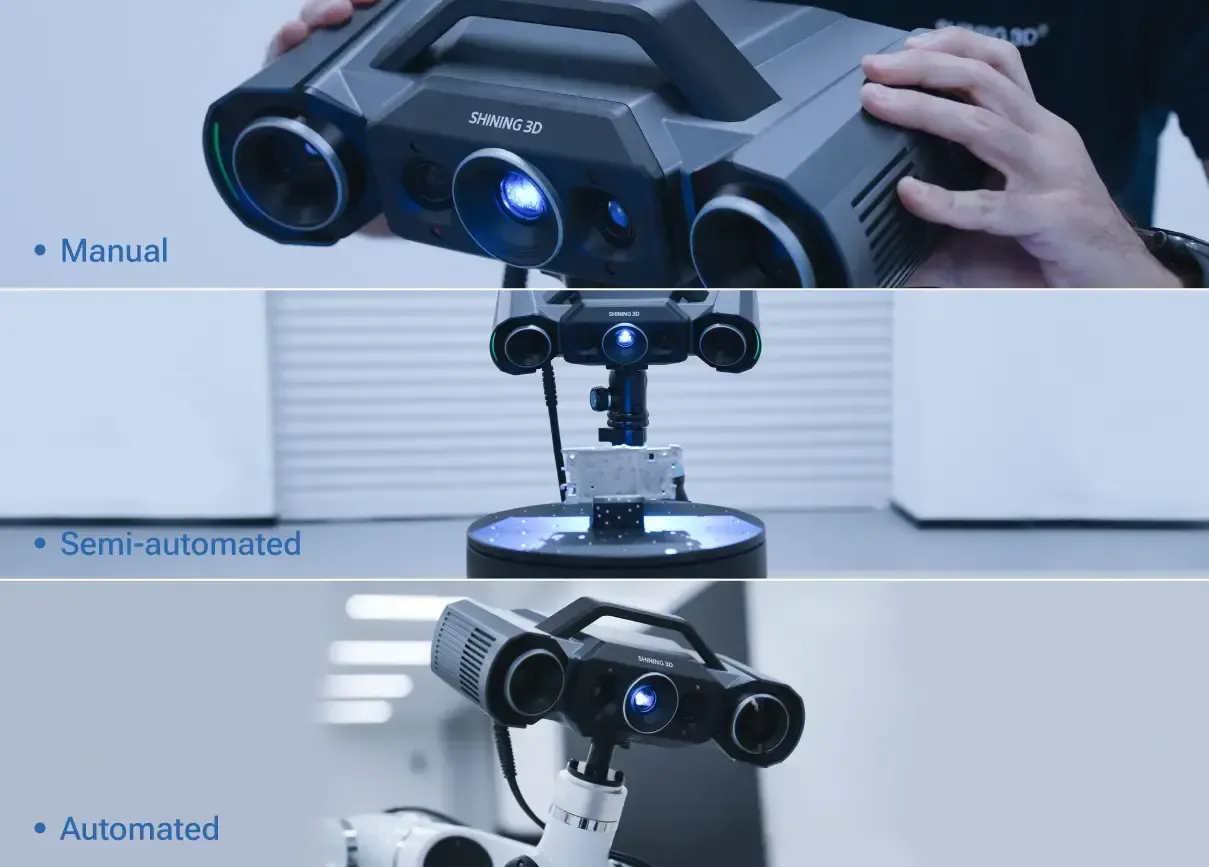 OptimScan Q12/Q9 HD | Manual and Automated 3D Scanning SHINING 3D OptimScan Q12/Q9 HD shown in manual, semi-automated turntable, and robotic 3D inspection configurations.